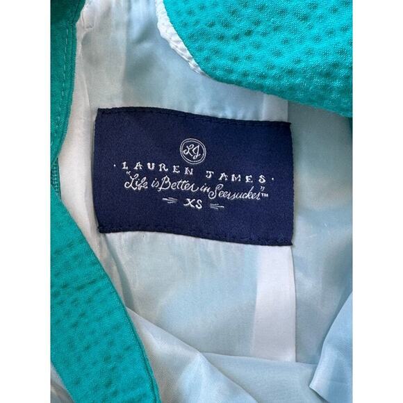 Lauren James Seersucker teal/Lagoon dress, size XS, scalloped hem, halter top - Picture 3 of 9